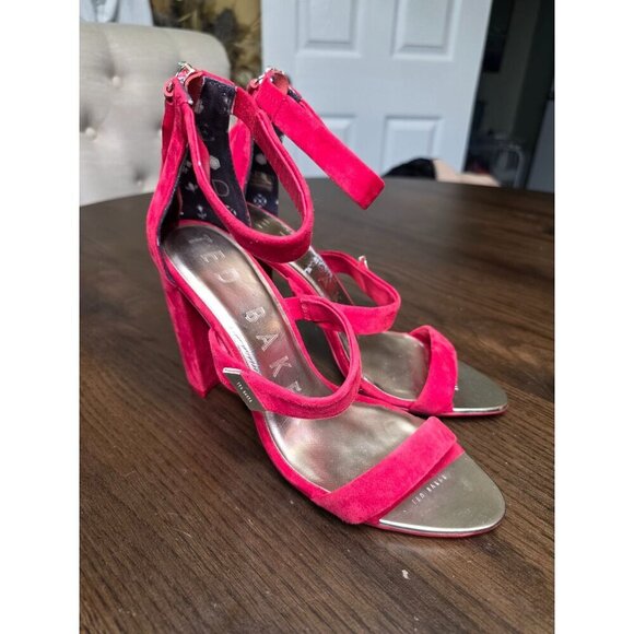 Ted Baker Red Suede High Heel Sandals Strappy Zipper Closure Size US 8 - Picture 15 of 16